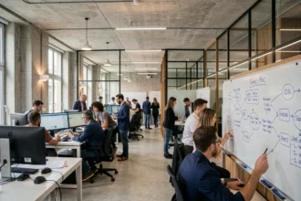 Vue d'ensemble d'un open-space moderne représentant les meilleures ESN en Nouvelle-Aquitaine