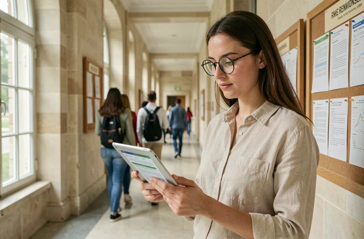 Jeune professionnelle de l'enseignement supérieur consultant sa messagerie académique sur une tablette dans un couloir d'université à Rennes