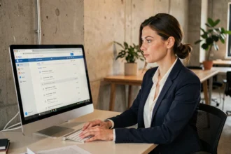 Femme professionnelle consultant sa messagerie académique sur un ordinateur de bureau dans un open space moderne à Rennes