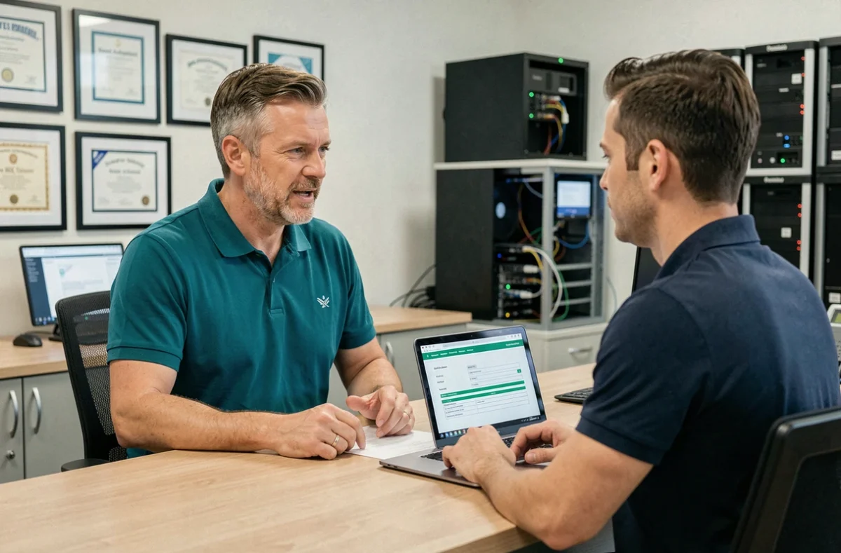Technicien de Natix Service conseillant un client professionnel sur les services de maintenance informatique