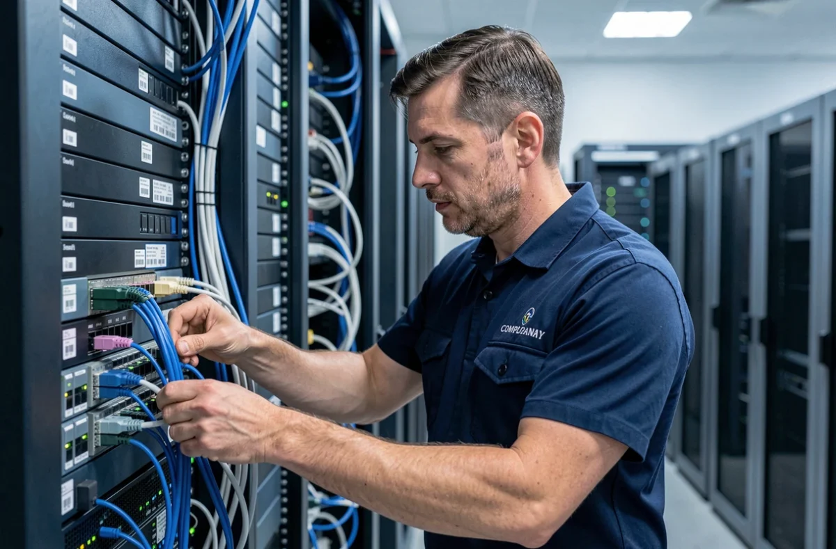 Technicien de Netz Informatique Haguenau câblant un rack serveur dans une salle informatique professionnelle