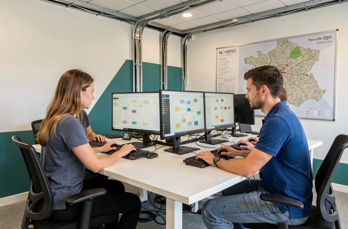 Équipe Novenci travaillant sur des architectures réseau dans un bureau moderne en Nouvelle-Aquitaine