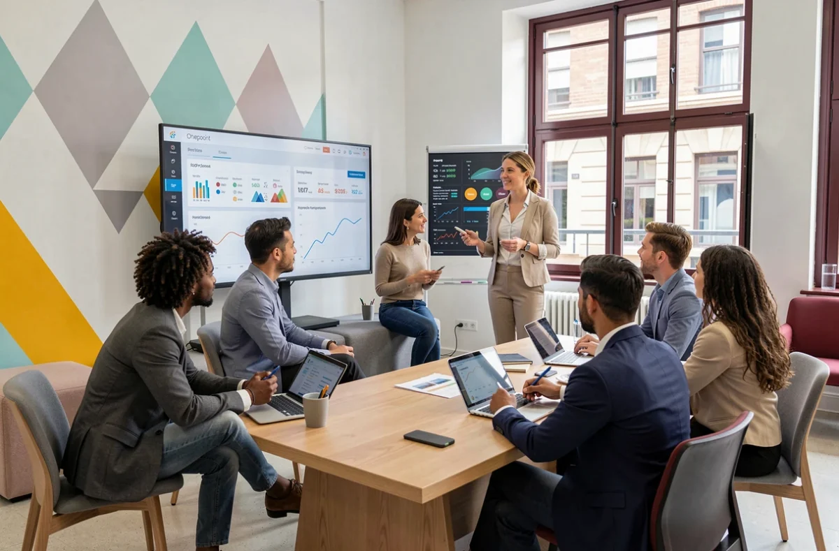 Consultante Onepoint dirigeant un atelier d'innovation digitale avec une équipe diverse dans un studio moderne