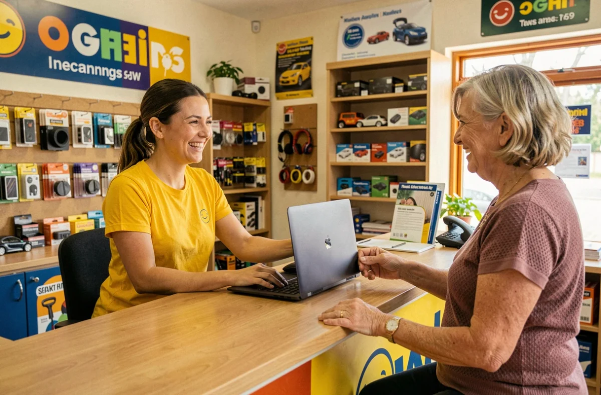Technicienne souriante d'Ordismile remettant un ordinateur réparé à une cliente satisfaite