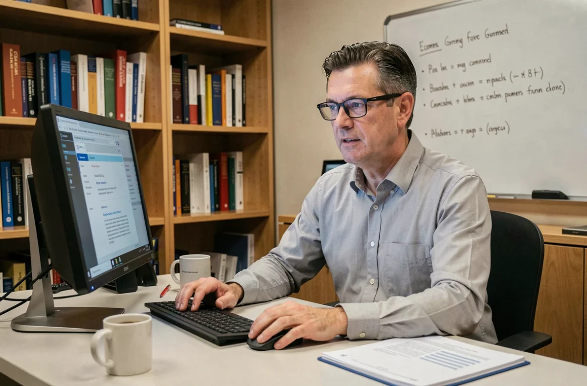 Professeur d'université utilisant une interface de messagerie Zimbra dans son bureau pour coordonner des TD