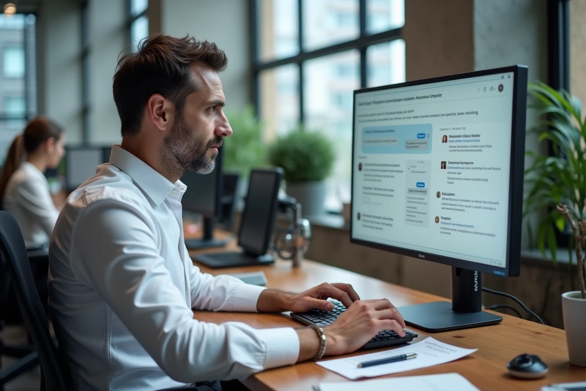 Homme professionnel analysant des réponses de chatbot en français dans un bureau moderne en ville