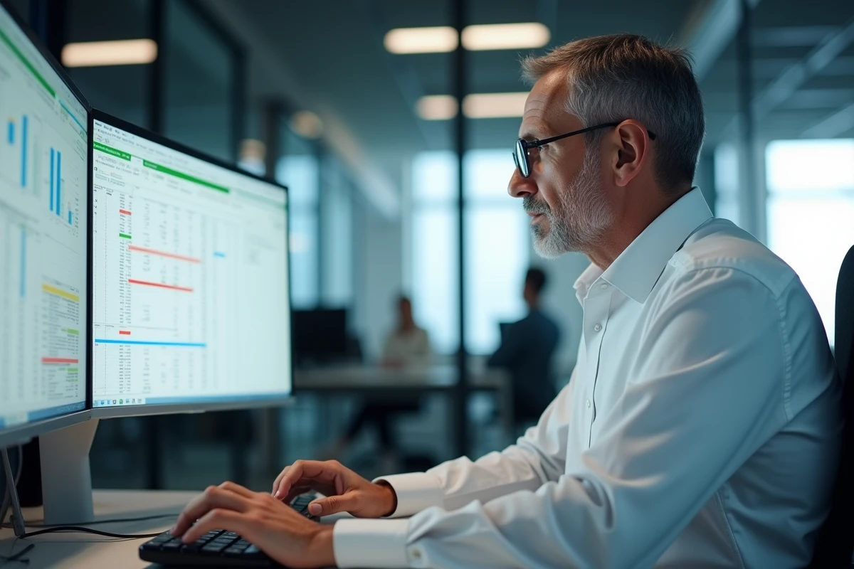 Homme en bureau professionnel utilisant Excel sur grand écran avec formules de cellules figées visibles