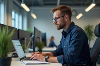 Homme IT d'âge moyen travaillant sur un ordinateur dans un bureau moderne