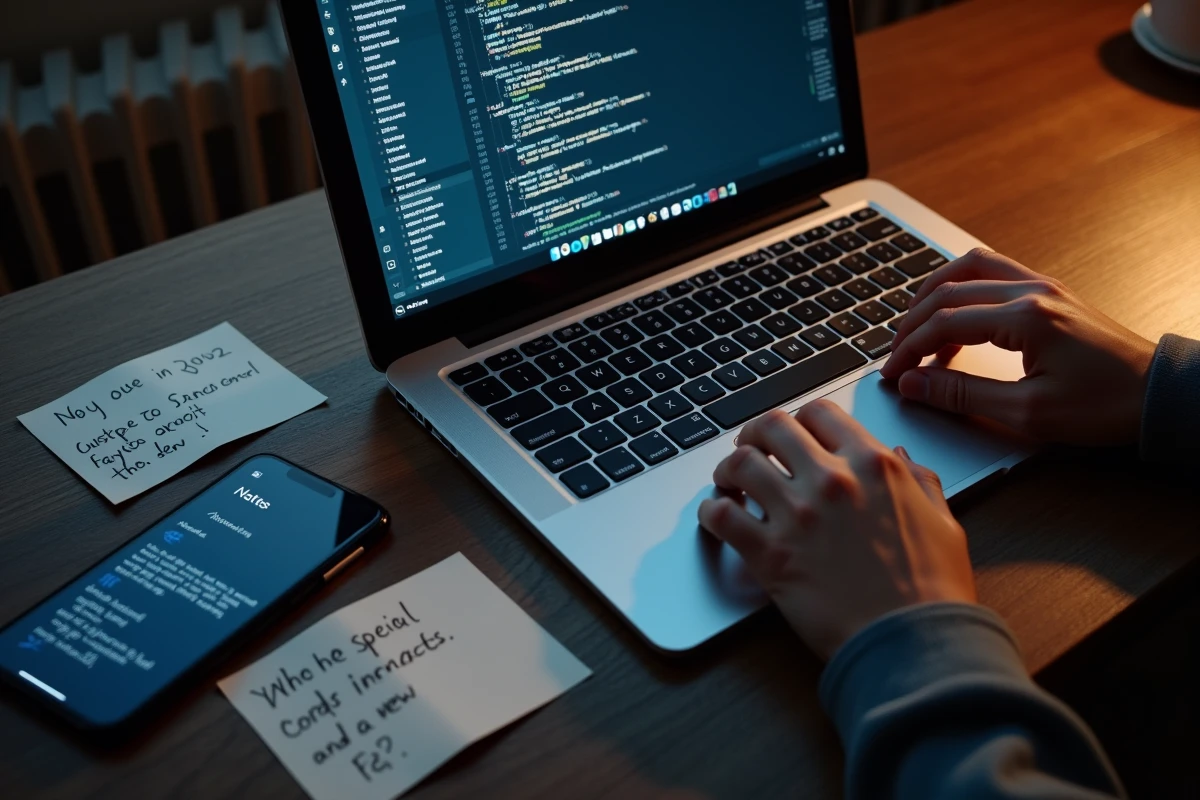 Vue de dessus des mains sur un clavier d'ordinateur portable avec des fiches de raccourcis clavier et caractères spéciaux Unicode posées sur une table en bois