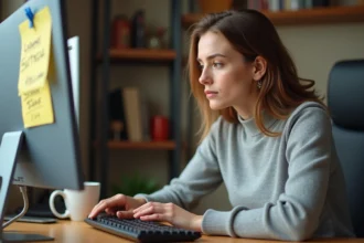 Femme utilisant les raccourcis clavier flèche sur un clavier mécanique avec des notes de caractères spéciaux affichées sur le moniteur
