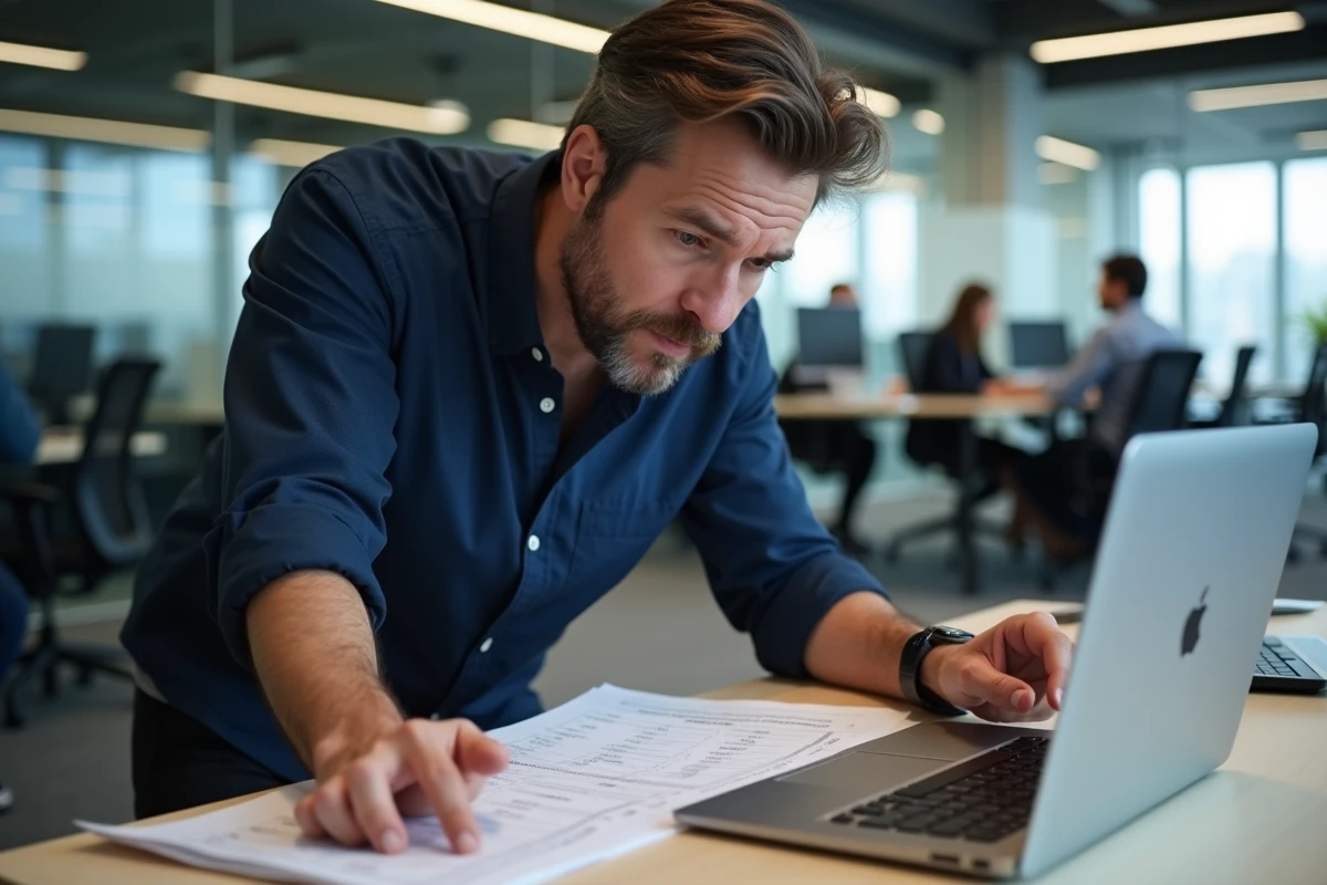 Homme consultant une fiche de raccourcis clavier et caractères spéciaux sur un bureau debout dans un open space professionnel