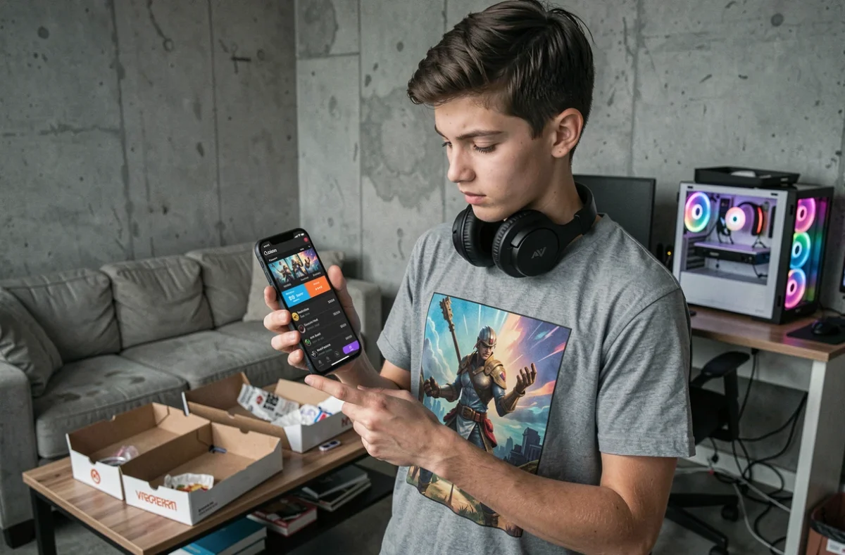 Adolescent consultant le récapitulatif de ses achats Valorant sur smartphone dans un appartement étudiant