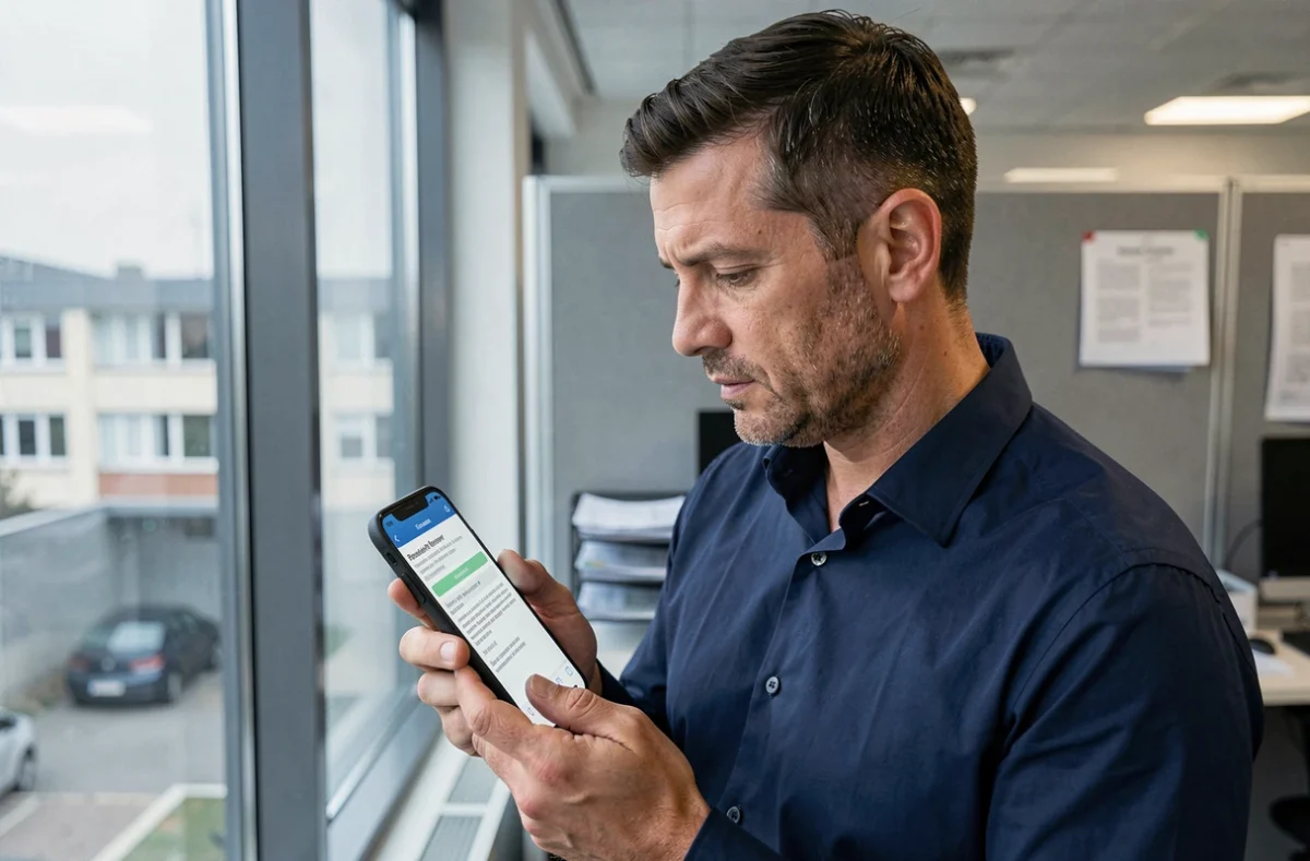 Homme consultant un email de récupération de mot de passe Mon IntraParis sur son smartphone au bureau