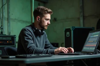 Régisseur son utilisant un logiciel Virtual StudioLive sur laptop en backstage lors d'une préparation de balance de concert