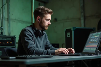 Régisseur son utilisant un logiciel Virtual StudioLive sur laptop en backstage lors d'une préparation de balance de concert