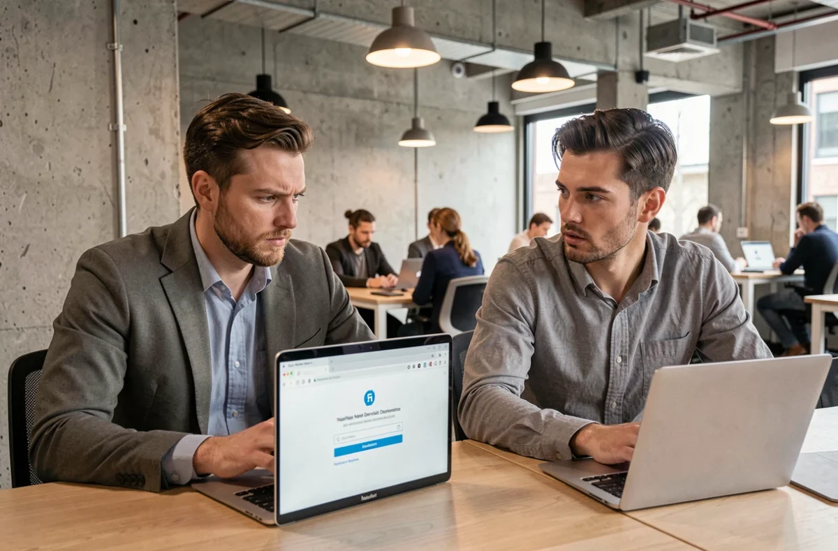Deux collègues discutant des règles d'accès au webmail HCL depuis des ordinateurs personnels dans un espace de coworking