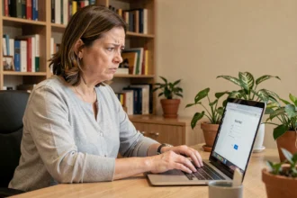 Femme utilisant un ordinateur portable pour réinitialiser son mot de passe oublié sur Mon IntraParis