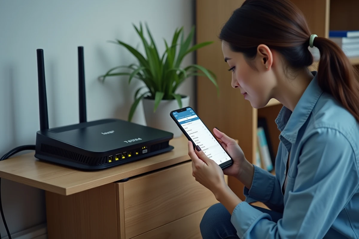 Femme vérifiant les identifiants par défaut au dos d'un routeur WiFi pour réinitialiser le mot de passe administrateur