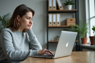 Femme utilisant un ordinateur portable pour réinitialiser son mot de passe SOGo dans un bureau universitaire