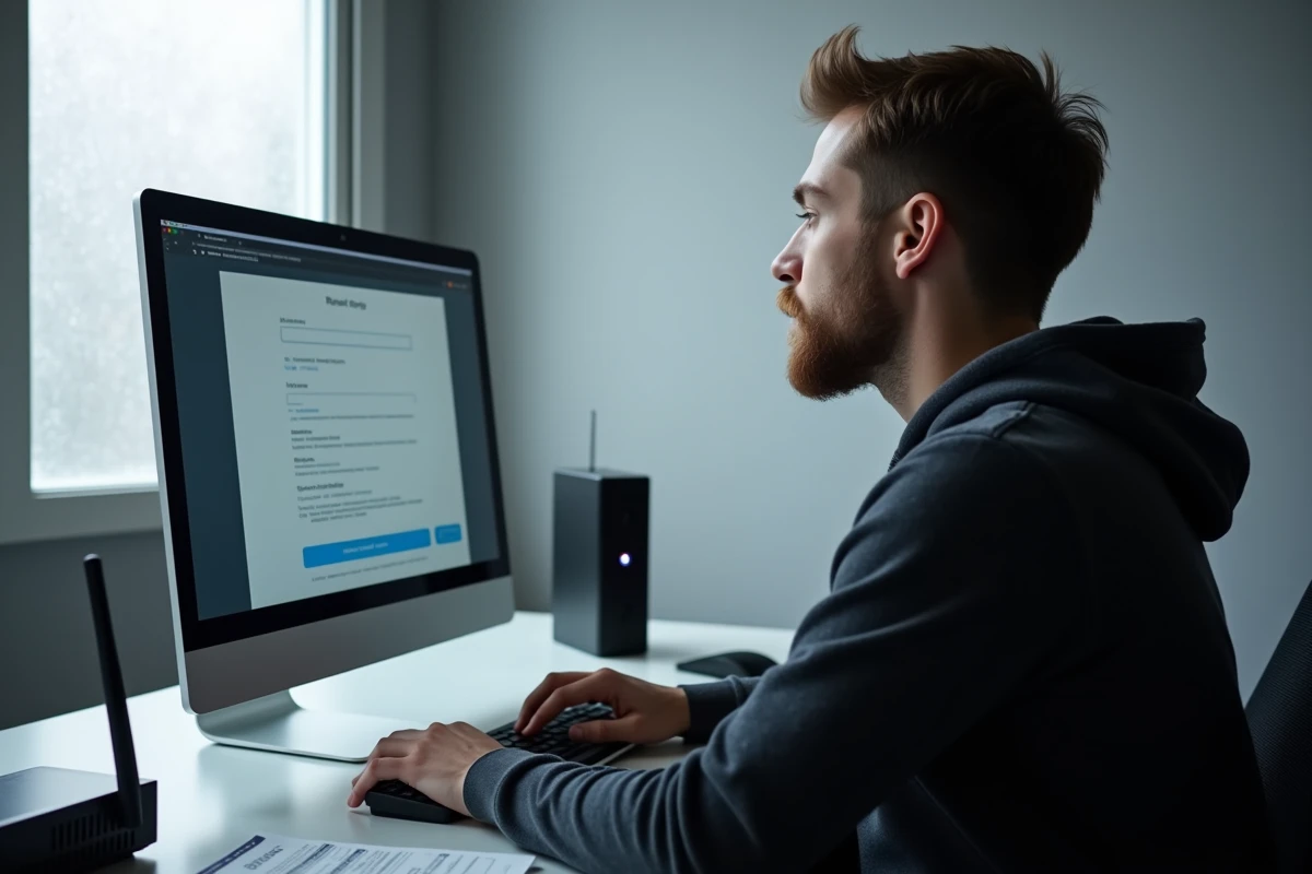 Jeune homme réinitialisant un routeur avec un outil pin pour récupérer l'accès à l'interface administrateur 192.168.1.1