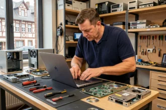 Technicien informatique professionnel réparant des ordinateurs dans un atelier moderne du Bas-Rhin