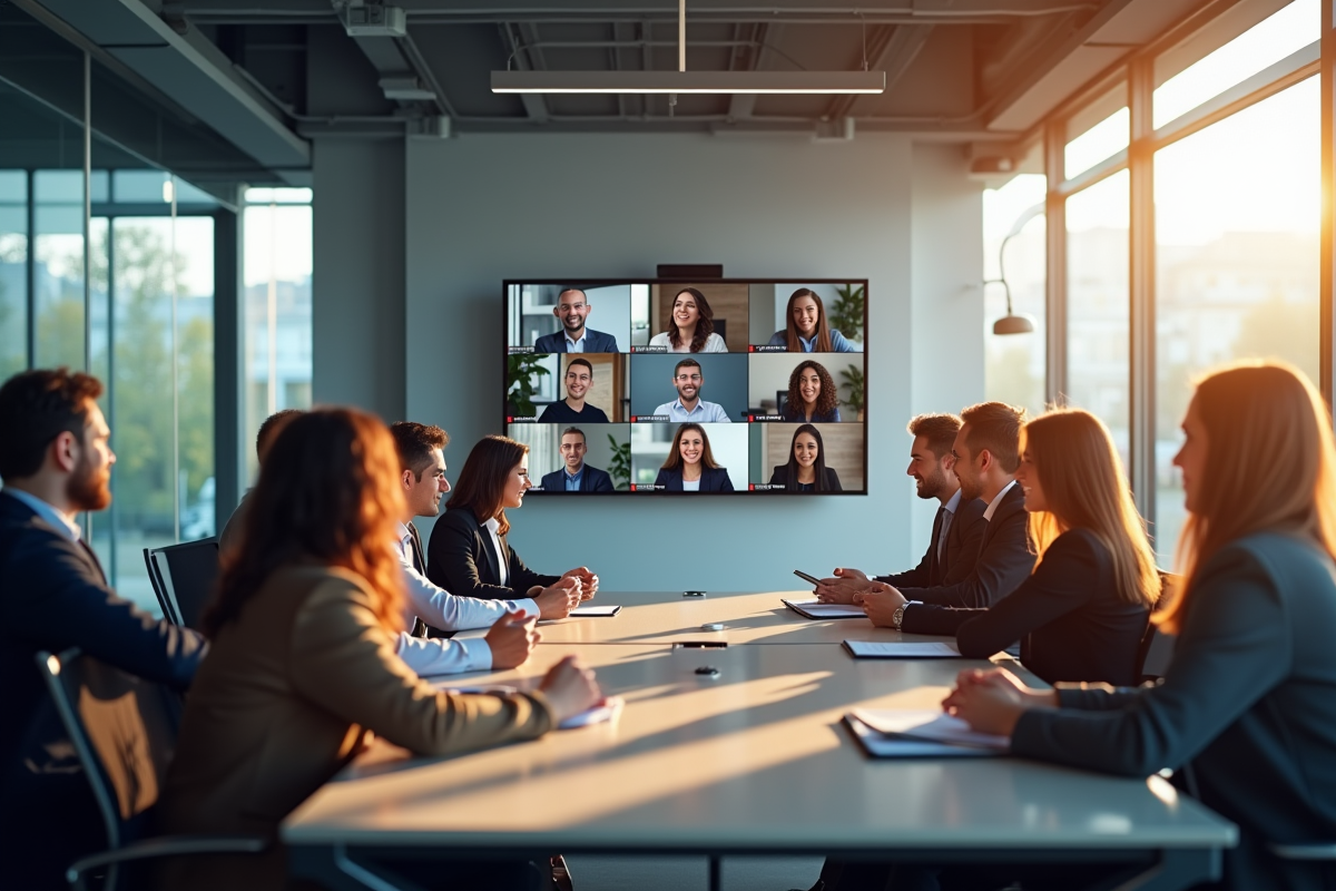Réunion d'entreprise moderne avec équipe diverse en visioconférence