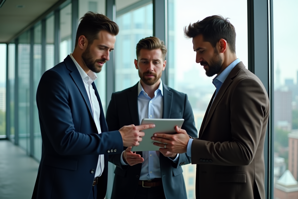 Groupe de professionnels discutant stratégie publicitaire en réunion