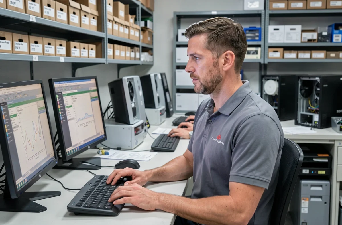 Technicien de Segaby Informatique analysant des diagnostics sur un poste informatique professionnel