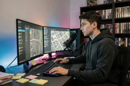 Joueur assis devant un setup PC double écran avec microphone et serveur Discord roleplay ouvert