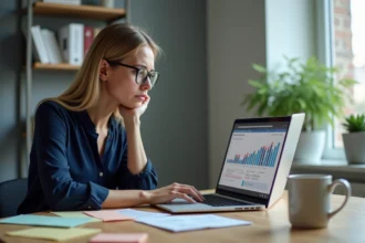 Femme frustrée regardant les statistiques de son site internet avec de mauvaises performances de conversion