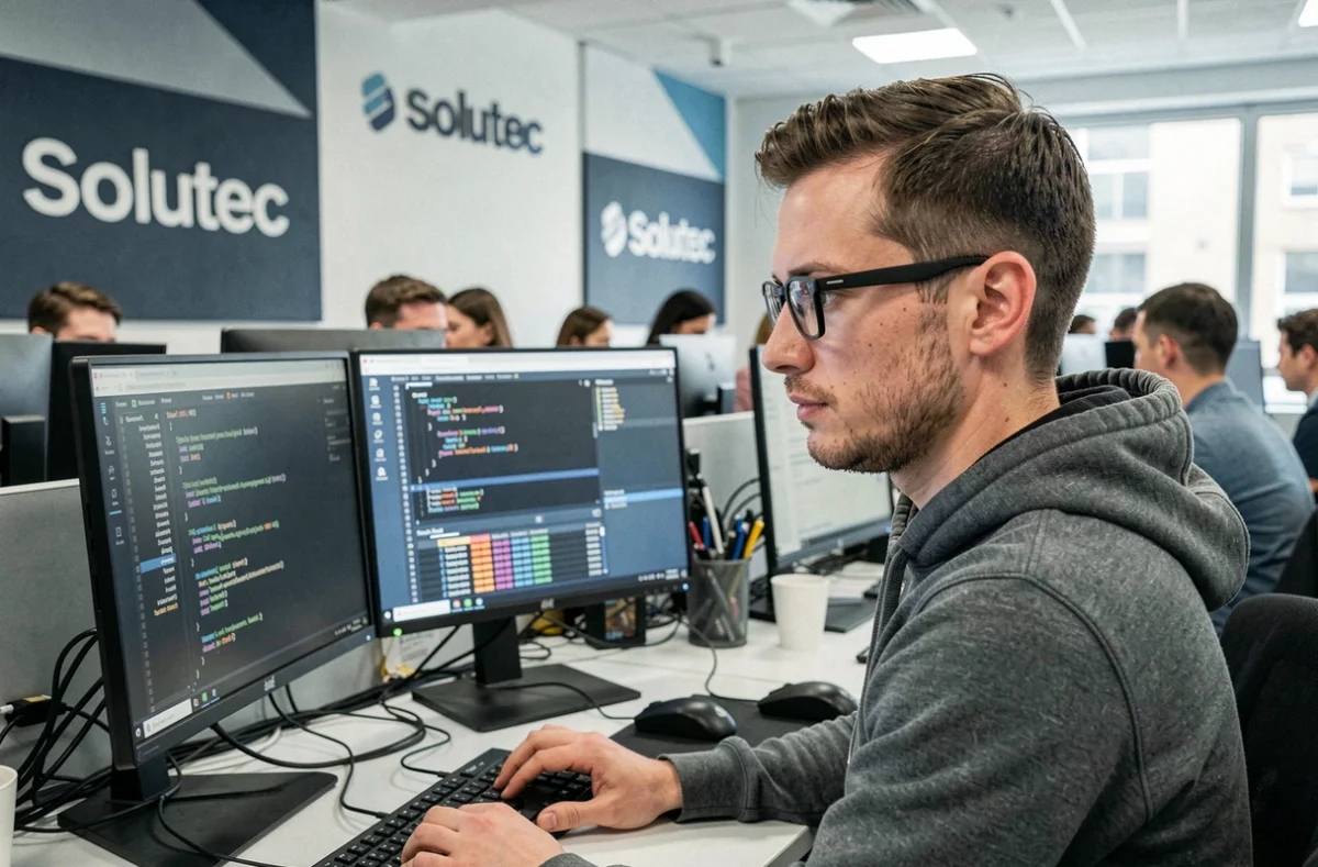 Développeur Solutec concentré sur des tests logiciels dans un bureau open-space moderne