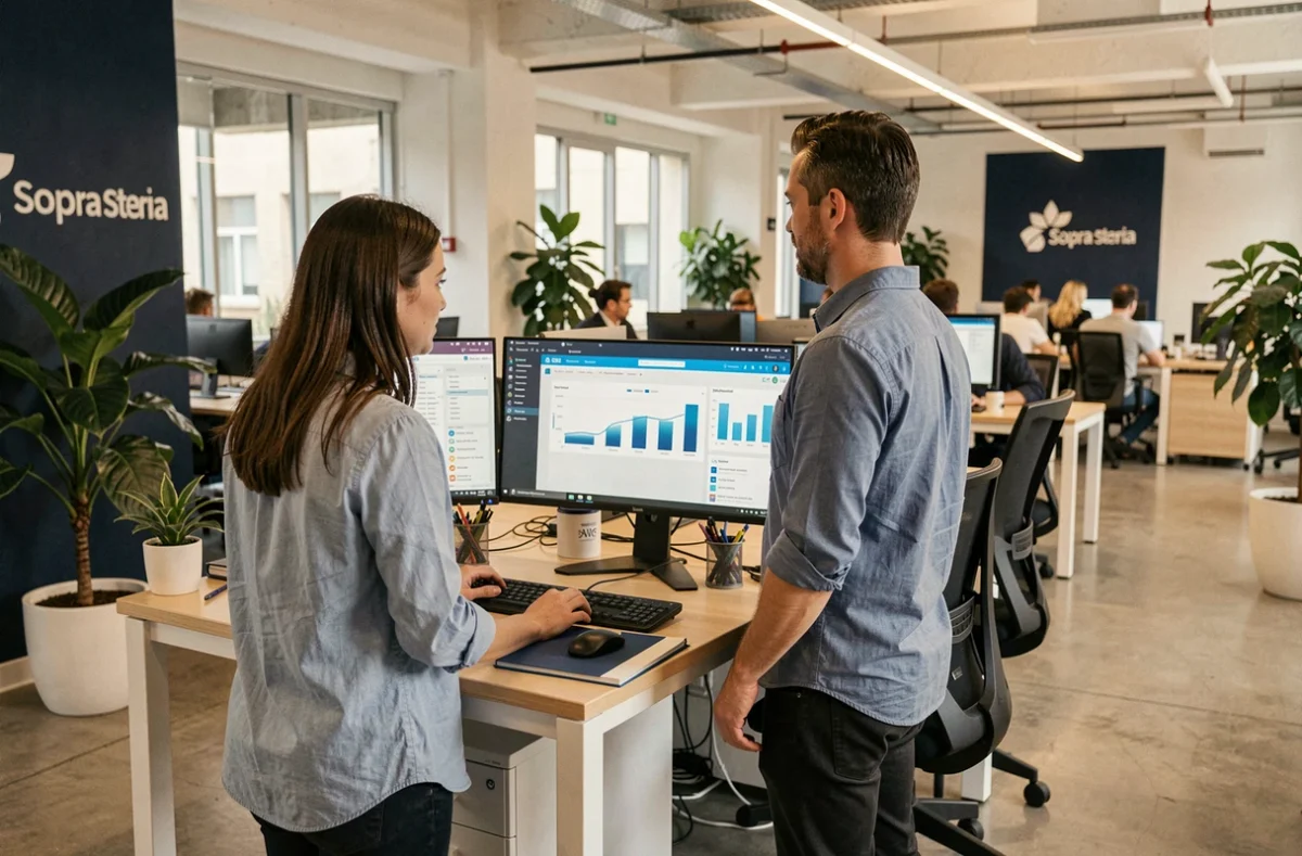 Deux ingénieurs Sopra Steria travaillant sur des tableaux de bord numériques dans un bureau moderne