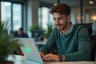 Jeune homme IT concentré sur son ordinateur portable