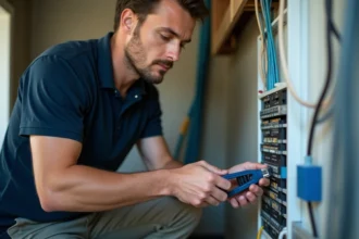 Technicien VDI câblant un connecteur RJ45 Cat6 sur un tableau de brassage résidentiel avec une pince à sertir professionnelle