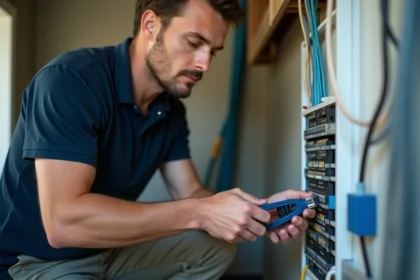 Technicien VDI câblant un connecteur RJ45 Cat6 sur un tableau de brassage résidentiel avec une pince à sertir professionnelle