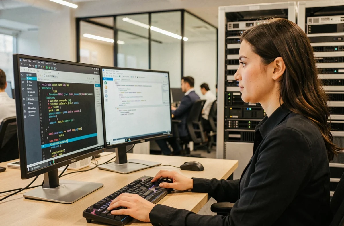 Technicienne informatique configurant des VLANs sur un switch depuis une interface en ligne de commande