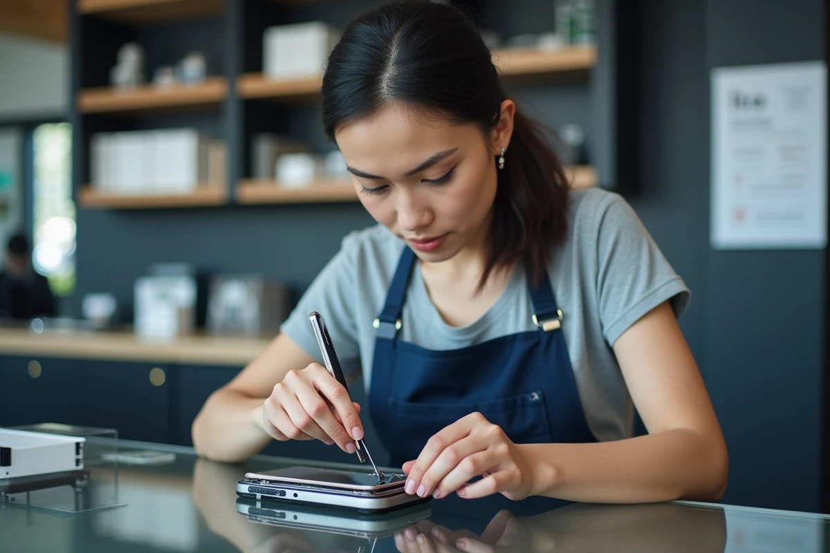 Technicienne installant un nouvel écran iPhone 11 dans une boutique de réparation professionnelle