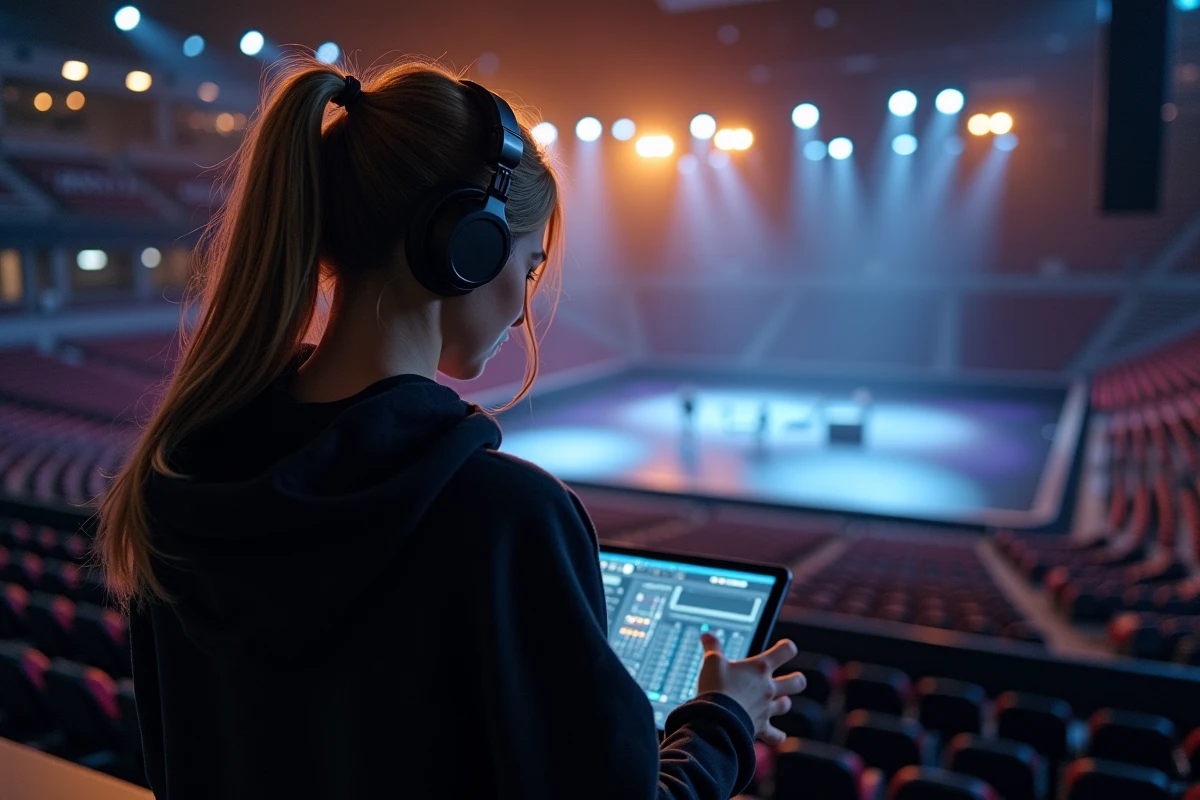 Technicienne son en tournée gérant la balance depuis une tablette avec logiciel de mixage virtuel dans une grande salle de spectacle vide