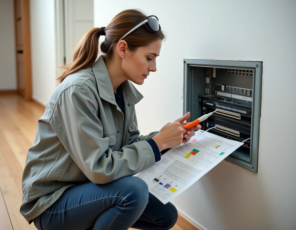Technicienne VDI réalisant la terminaison de câbles ethernet sur un panneau de brassage RJ45 dans un coffret mural résidentiel