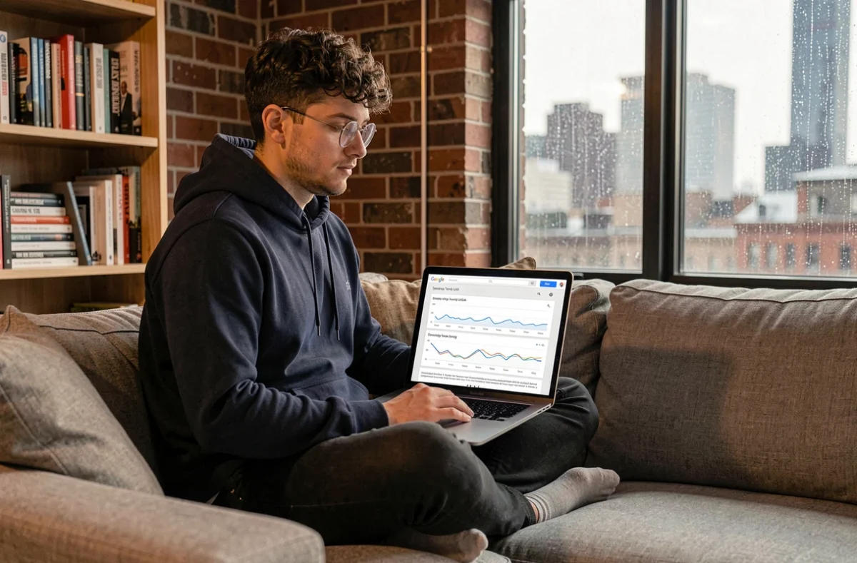Jeune homme analysant les tendances Google USA sur un laptop depuis son appartement new-yorkais pour une veille technologique