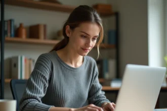 Femme utilisant la touche Maj sur un MacBook Pro pour comprendre la différence avec le verrouillage des majuscules