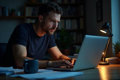 Homme anxieux devant un ordinateur portable après avoir reçu un avertissement de violation de données VERY