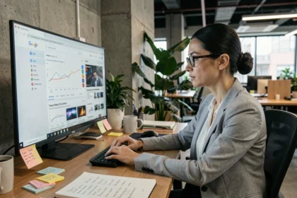 Femme professionnelle consultant Google USA pour suivre les tendances technologiques américaines depuis un bureau moderne