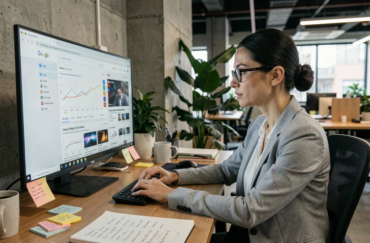 Femme professionnelle consultant Google USA pour suivre les tendances technologiques américaines depuis un bureau moderne