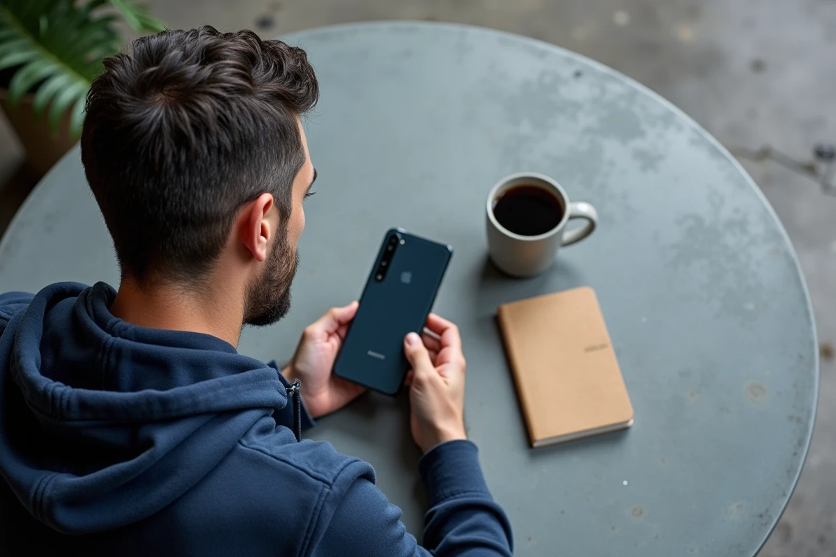 Vue aérienne du Samsung Galaxy A35 5G posé sur une table en béton avec un carnet et une tasse de café