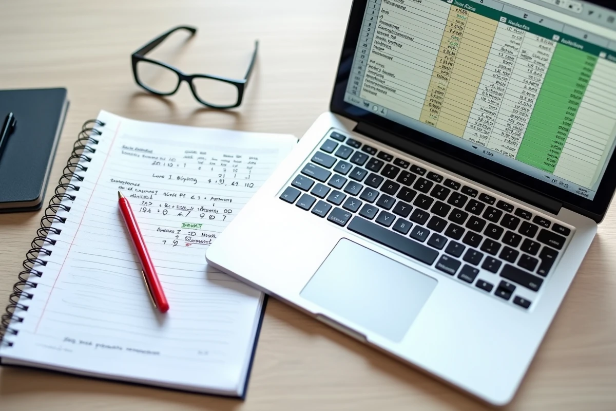 Vue aérienne d'un ordinateur portable avec un tableur Excel de suivi des notes et formules de calcul de moyenne