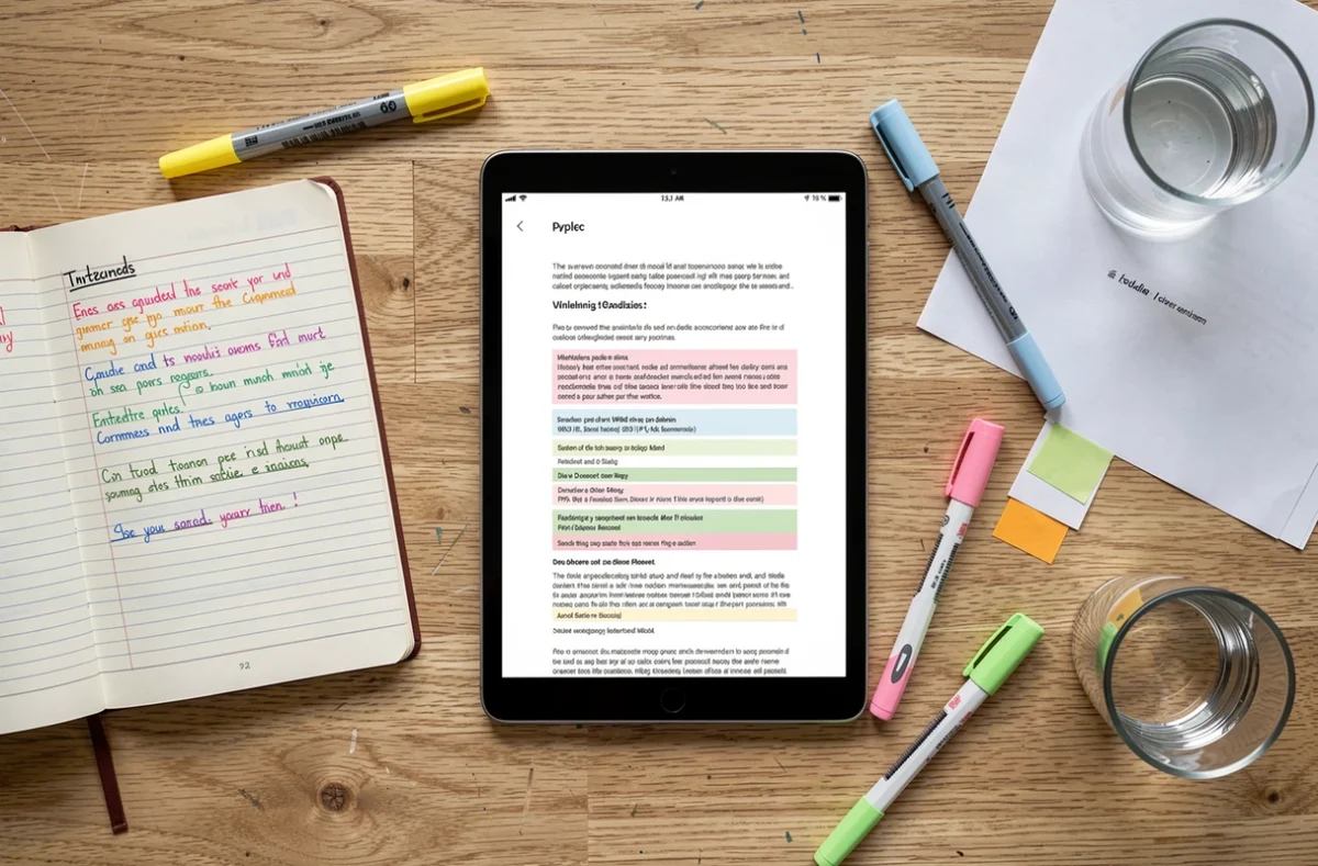 Vue de dessus d'un espace de travail étudiant avec une tablette Android affichant un PDF annoté et des outils de prise de notes