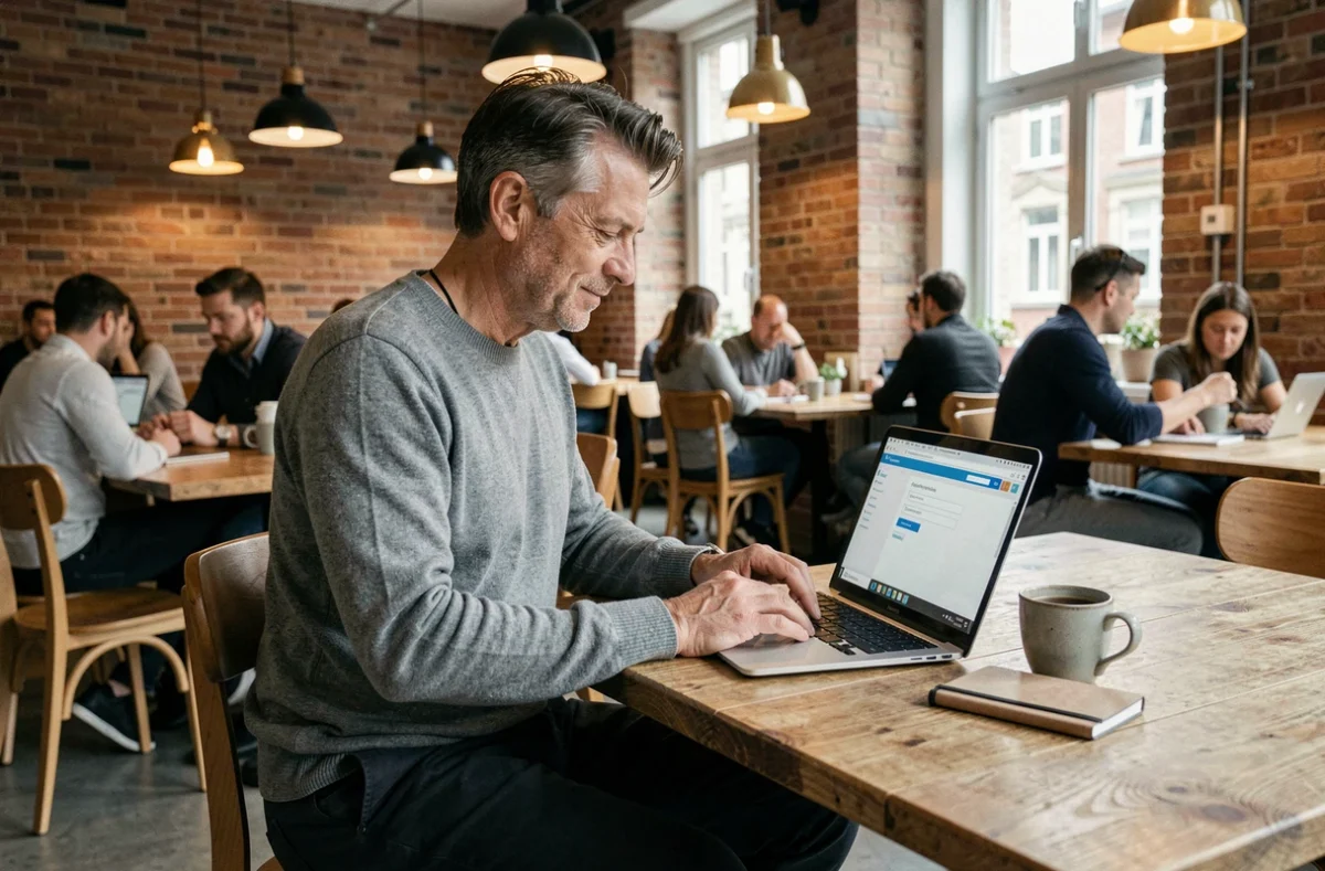 Homme utilisant un webmail académique sur un ordinateur portable dans un espace de coworking à Rennes